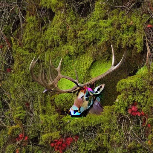 Prompt: small and dense intricate vines, moss, roots, colorful flowers, and tree branches take the detailed form of an elk standing in a lush forest, vine art, wicker art