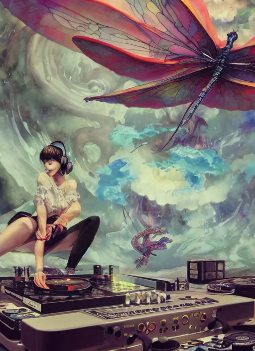 Image similar to surreal gouache painting, by yoshitaka amano, by ruan jia, by Conrad roset, by good smile company, detailed anime 3d render of a magical Dragonfly flying over a Mushroom on a DJ Mixer, Vinyl deck, controller, portrait, cgsociety, artstation, rococo mechanical and Digital and electronic, dieselpunk atmosphere