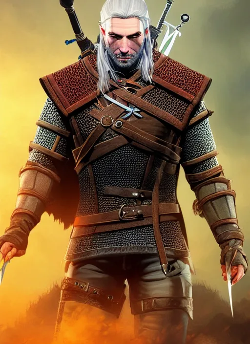 Image similar to male witcher, ultra detailed fantasy, dndbeyond, bright, colourful, realistic, dnd character portrait, full body, pathfinder, pinterest, art by ralph horsley, dnd, rpg, lotr game design fanart by concept art, behance hd, artstation, deviantart, hdr render in unreal engine 5