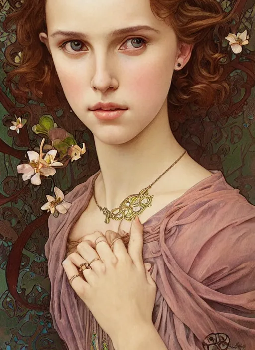Prompt: realistic detailed painting of a 1 6 - year old girl who resembles millie bobby brown and natalie portman with a shy, blushing, coy expression wearing intricate, detailed, art nouveau jewelry by alphonse mucha, ayami kojima amano, charlie bowater, karol bak, greg hildebrandt