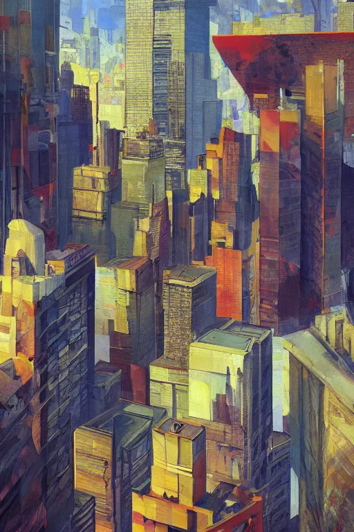 Prompt: a painting of a city with lots of buildings, a cubist painting by Jon Foster, trending on Artstation, deconstructivism, glitch art, greeble, cubism