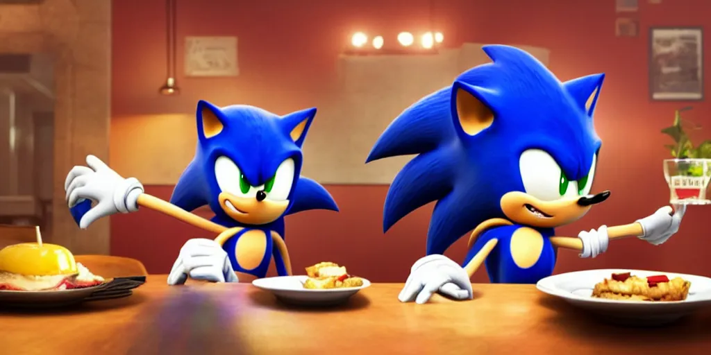 Image similar to A render of Sonic the Hedgehog sitting across from Shadow the Hedgehog in a dark restaurant, Sonic looks like he is shocked, Shadow is looking away in disgust, they both have hamburgers in front of them on a plate, movie, HDR, moody lighting, unique camera angle from the end of the table and between the two of them, orange candle lighting is glowing on their faces, romantic scene