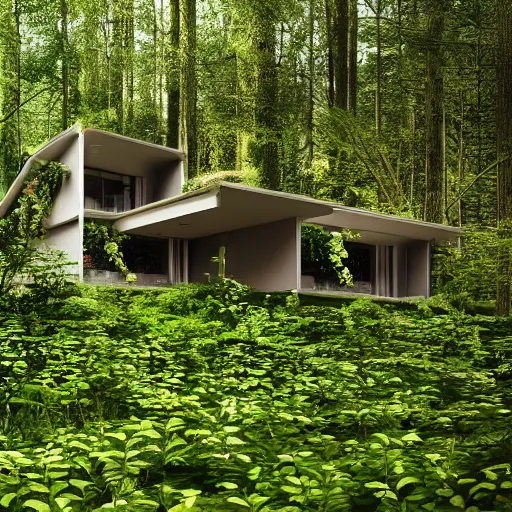 Prompt: an abandonned modern house covered with plants in the middle of a forest, photorealistic, 4k, award-winning