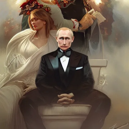 Image similar to vladimir putin marrying donald trump, elegant, highly detailed, digital painting, artstation, concept art, smooth, sharp focus, illustration, art by artgerm and greg rutkowski and alphonse mucha