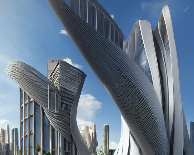 Prompt: a tower designed collaboratively by zaha hadid and frank lloyd wright