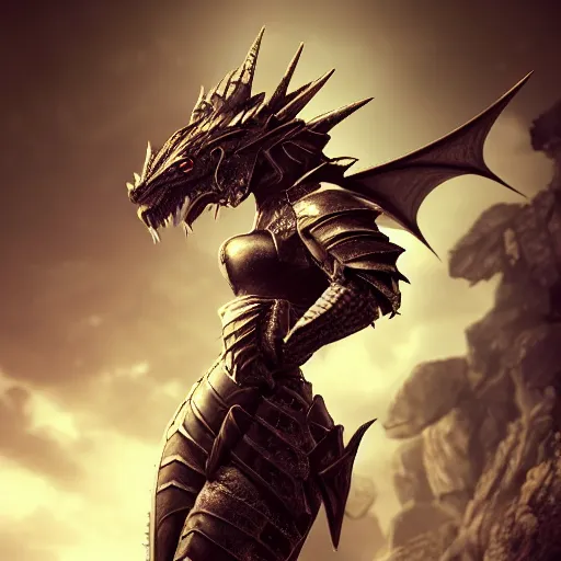 Prompt: stunning cinematic elegant back end shot with and upward angle, of a beautiful female knight, but as a hot anthropomorphic female dragon, well designed highly detailed cute female dragon head with slick eyes, looking back at the camera, well armored, detailed claws, arms crossed, HD octane render, fantasy, furry art, Artstation, Deviantart, Furaffinity