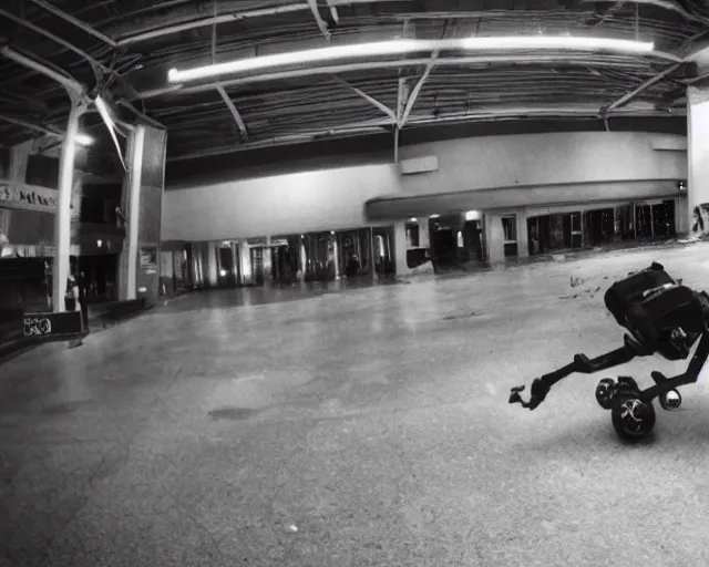 Image similar to camera footage of a Darpa Robots trying to stop skateboarders in an abandoned shopping mall, high exposure, dark, monochrome, camera, grainy, CCTV, security camera footage, timestamp, zoomed in, fish-eye lense, Robot, Skateboarding, Drone, Intense, Darpa,