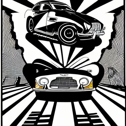 Image similar to colorful!!!!! mcbess illustration of a vintage aston martin