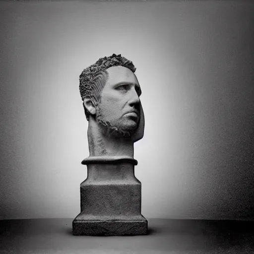 Image similar to Award-winning photograph by Chema Madoz. The photo depicts a decaying roman bust of Nicolas Cage at the bottom of the sea. Minimalism, high definition, perfect composition. Deep sea picture. Very dark. Volumetric Lighting. Fish. Darkness. Ruins