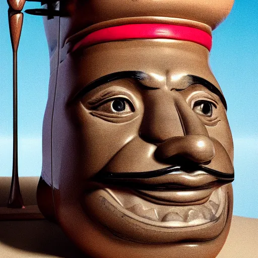 Image similar to a closeup photorealistic photograph of smiling salvador dali at trader vic's bar sitting next to a trader vic's style tiki mug featuring the face of salvador dali. tiki culture. bright scene. 4 k hd image that's trending on artstation, featured on behance, well rendered, extra crisp, features epic composition and the style of unreal engine.