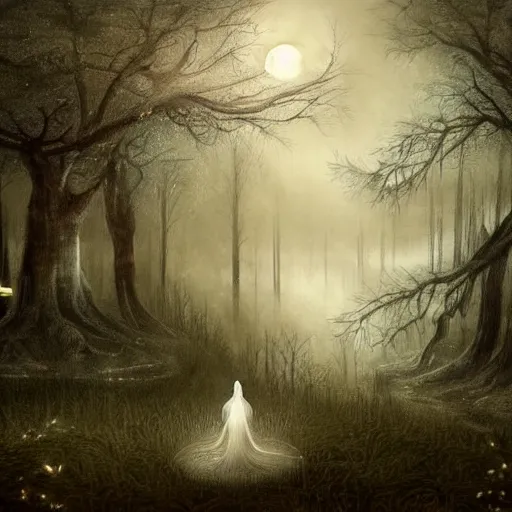 Prompt: an ultra detailed painting of a fantasy forest at night, at the side of a pond is gigantic ancient tree, sitting in the ancient tree is a girl in a white dress, the moon can be glimpsed through the trees and is veiled by fog, fog obscures the background, towering forest, midnight, dark fantasy