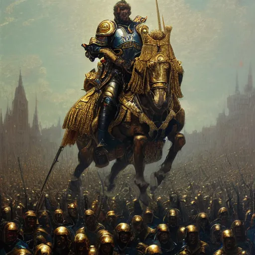 Image similar to artstation concept of a man in armor standing in a crowd gettig cheered, bright colorful, gold, hyperdetailed, artstation trending, world renowned artists, worth 1 0 0 0. com, historic artworks society, antique renewel, cgsociety, by greg rutkowski, by gustave dore, deviantart