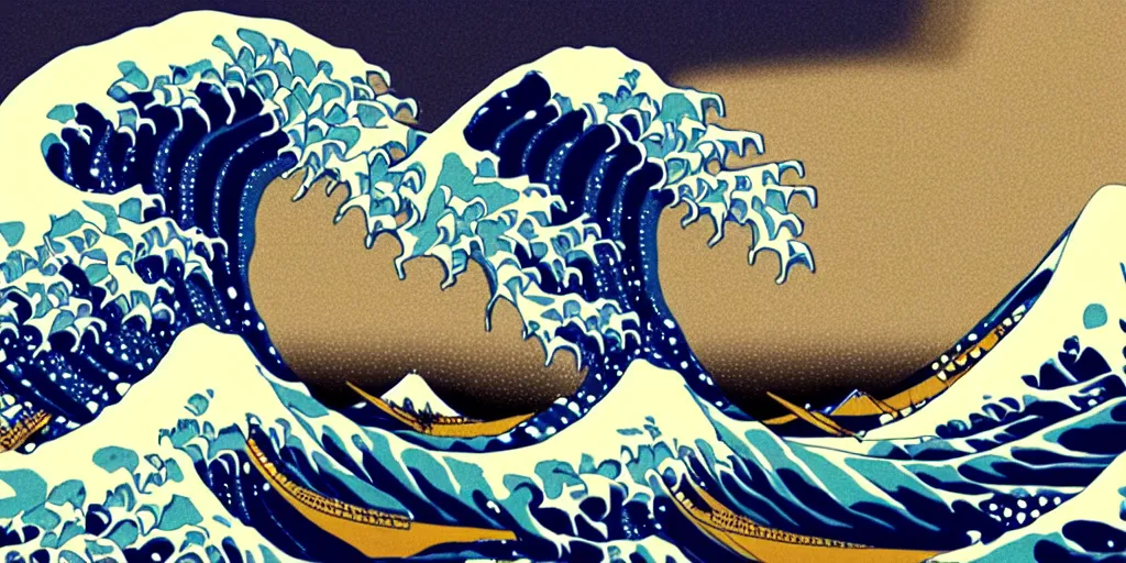 Prompt: The Great Wave off Kanagawa by GMUNK, Pi-Slices and Kidmograph, psychedelic version