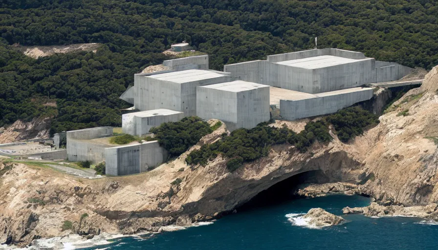 Image similar to big military base perched on a cliff overlooking a magnificient bay, laboratory, drawing architecture, pritzker architecture prize, greig fraser