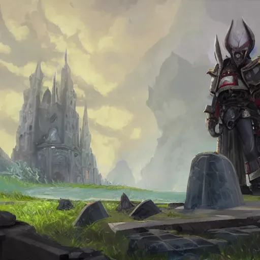 Prompt: a bald black paladin wielding a large hammer standing in front of a majestic castle, world of warcraft concept art