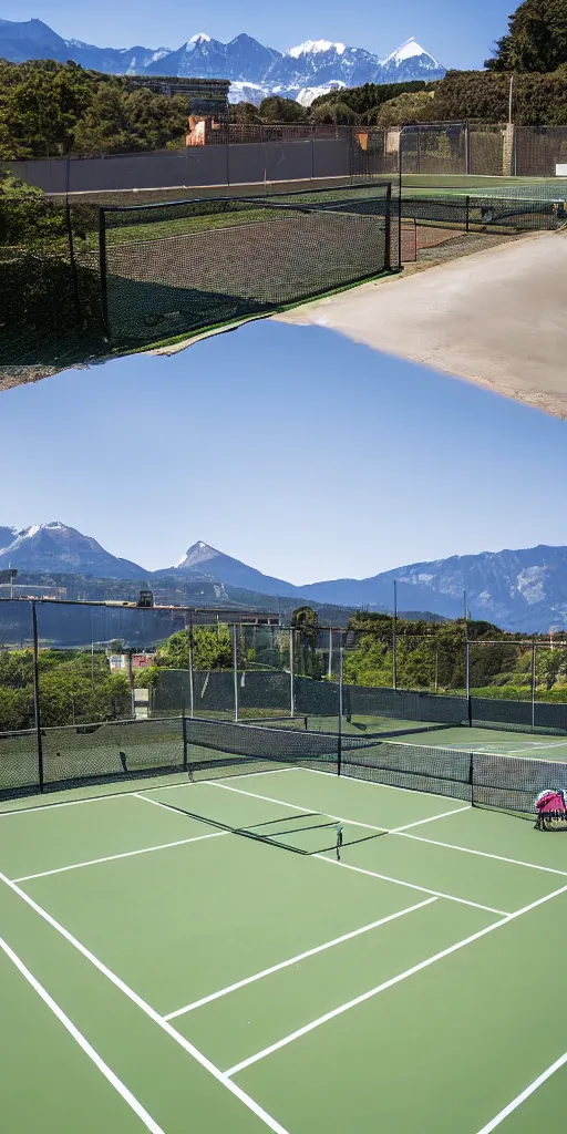 Image similar to The tennis court of the seaside resort, with a mountain background, taken by a professional photographer.