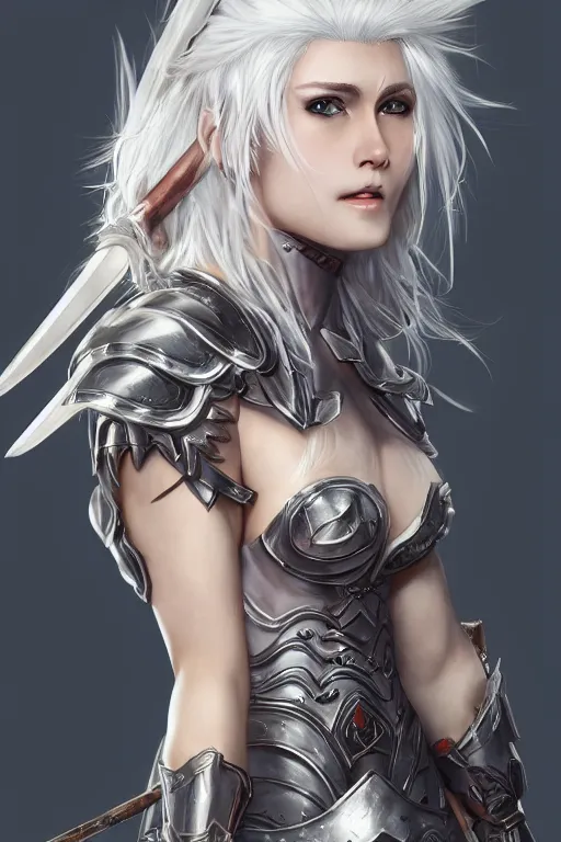 Image similar to A realistic anime portrait of a white haired female barbarian wearing an intricate armor, digital painting, by Stanley Artgerm Lau, Sakimichan, WLOP and Rossdraws, digtial painting, trending on ArtStation, SFW version