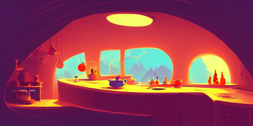 Prompt: naive nerikomi, weird perspective, extra narrow, detailed illustration of a kitchen lit by flashlight in a scenic spiral environment by anton fadeev from lorax movie, trending artstation, sticker art