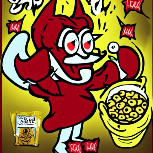 Image similar to A cereal box with Satan as the mascot.