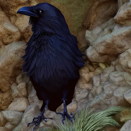 Prompt: a beautifully highly detailed close up portrait of a raven under a rock arch coves crashing waves plants at beautiful serene sunset detailed organic textures by frederic leighton and rosetti and turner and eugene von guerard, 4 k, octane render