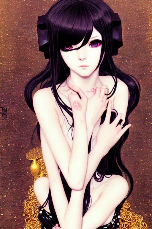 Image similar to portrait of beautiful young gothic anime maiden, cute-fine-face, pretty face, realistic shaded Perfect face, fine details. Anime, cyberpunk, Warhammer, Warhammer, Warhammer, highly detailed, artstation, illustration, art by Ilya Kuvshinov and Gustav Klimt and Gustav Klimt and Gustav Klimt and Gustav Klimt