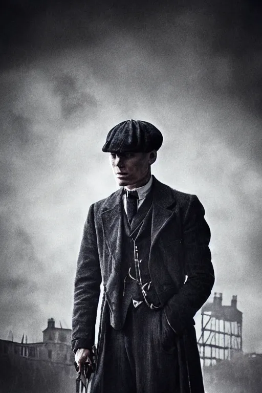 Prompt: portrait Cillian Murphy in Peaky Blinders confused, angry beautiful face, Perfect detailed face, front view fire in the background, dramatic, gloomy, dark, bleak, cheerless, desolate, impressive, tragic, cinematic, dull colours, dark colour scheme, atmospheric by Christopher Nolan