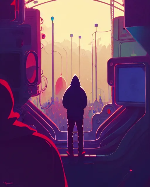 Image similar to tomorrowland, hyper - realistic portrait of a man in a hoodie, music festival, intricate, 4 k, by atey ghailan, by greg rutkowski, by greg tocchini, by james gilleard, by joe fenton, by kaethe butcher, dynamic lighting, lighting color scheme, sharp focus, grunge aesthetic