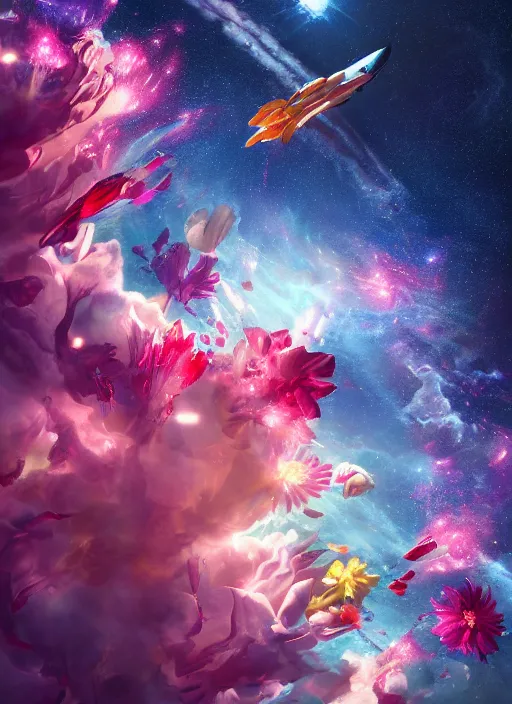 Image similar to An epic fantastic realism comic book style painting of the most beautiful flowers launched into space, bouquets, glorious galactic collision, sharp focus, fisheye, unreal 5, DAZ, hyperrealistic, octane render, dynamic lighting