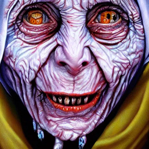 Image similar to a hyperrealistic painting of mother theresa as a zombie buy jason edmiston, hd, sharp focus,