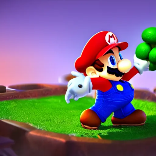 Image similar to Mario eating green mushroom, award winning, trending on artstation, unreal engine