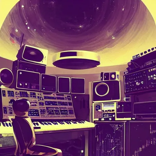 Prompt: an astronaut, using a synthesizer in a music studio, [ floating ]!!, synthwave art style, illustrated by greg rutkowski and ashley mckenzie, trending on cgsociety, golden ratio!!!, centered!!!, intricate