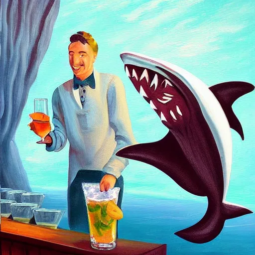 Image similar to Shark bartender, high quality painting