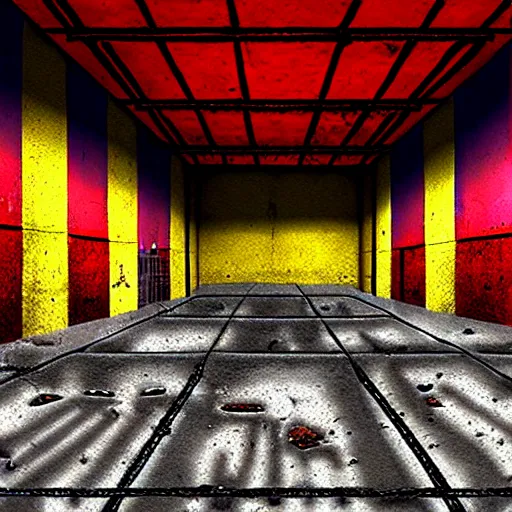 Prompt: underground prison, corroded metal bars, concrete, colorful tapestries, rugs, concept art