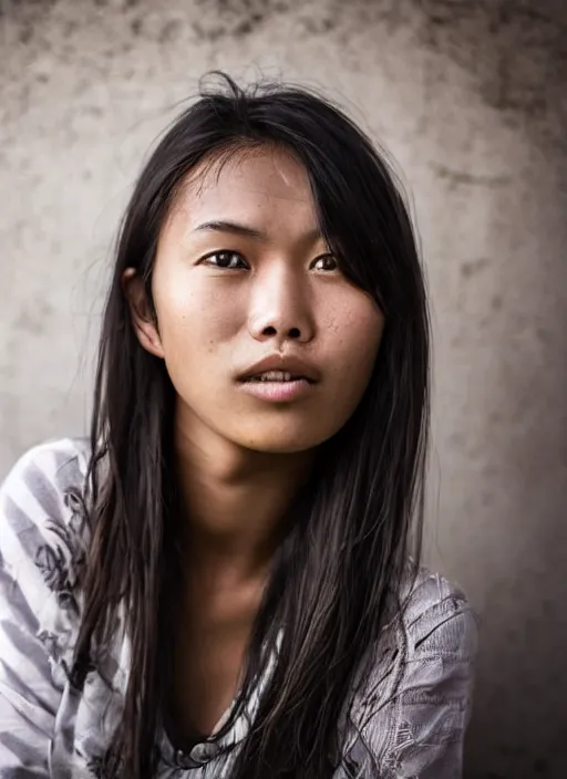 Image similar to Mid-shot portrait of a very beautiful 20-years-old woman from Indonesia, with long hair, candid street portrait in the style of Mario Testino award winning, Sony a7R