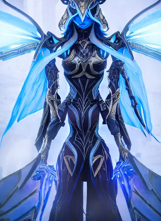 Image similar to photo of a sorceress near mage tower, warframe armor!!, fantasy, white hair, blue decorations, professionally color graded, interesting angle, sharp focus, 8 k high definition, insanely detailed, intricate, intelligent, art by akihiko yoshida and shirotaka