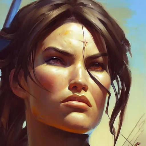 Image similar to greg manchess portrait painting of partially armored lara croft as overwatch character, close - up shot, asymmetrical, profile picture, organic painting, sunny day, matte painting, bold shapes, hard edges, street art, trending on artstation, by huang guangjian and gil elvgren and sachin teng