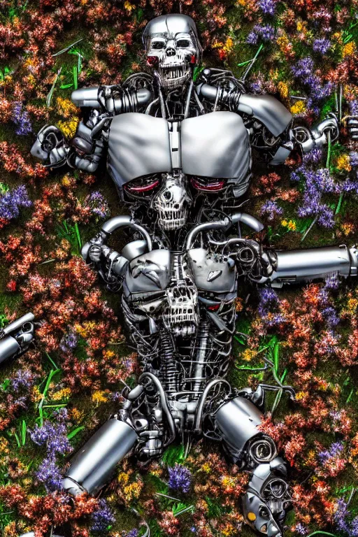 Prompt: destroyed combat terminator lying in a field of flowers, twisted metal, chrome, reflections, earth, terrible, anthropomorphic, photorealism, smoke, metal, 8 k, surreal, wires, wild flowers, greenery, top view, extremely detailed, ultra - realism, cinematic light, epic, art by jeff koons, artgerm and greg rutkowski