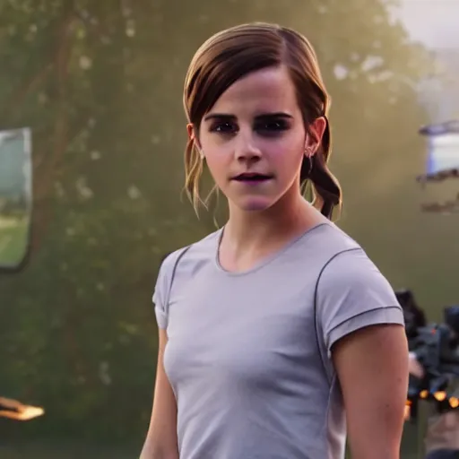 Image similar to Emma Watson doing the Fortnite Default dance, hyperrealistic, 8k UHD, studio photography, high quality, high detail, stunning lighting