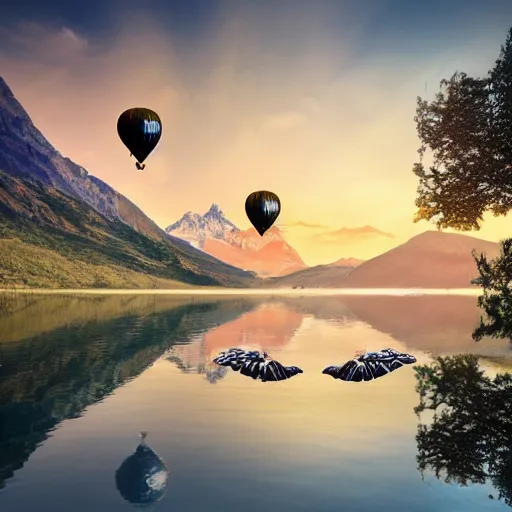 Image similar to photo of two black swans touching heads in a beautiful reflective mountain lake, a colorful hot air balloon is flying above the swans, hot air balloon, intricate, 8k highly professionally detailed, HDR, CGsociety