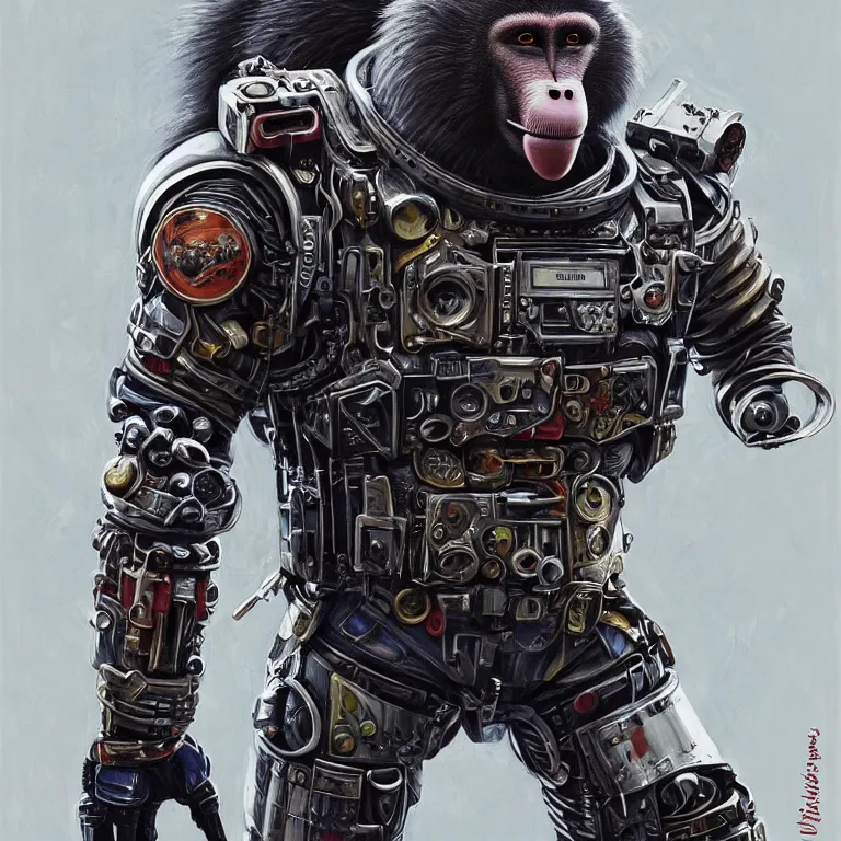 Image similar to a portrait of a muscular anthropomorphic cyberpunk baboon in spacesuit armor with ensignia on chest plate by sandra chevrier, by jon foster, detailed render, pistol in holster, extremely hyperdetailed, tape deck, epic composition, cybernetics, 4 k realistic, cryengine, realistic shaded lighting, sharp focus, masterpiece, by enki bilal