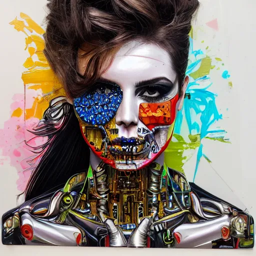 Prompt: portrait of half cybernetic skull half woman by sandra chevrier, by ibrahem swaid, cybernetics, glamor shot, closeup, vivid colours, hyper realistic detailed intricate render, hypermaximalist, ornate, epic composition, sharp focus, masterpiece