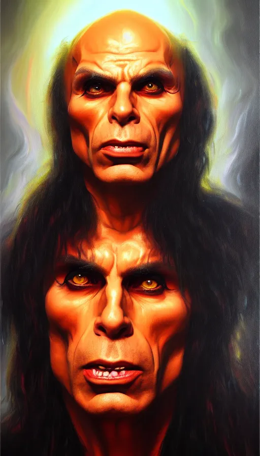 Prompt: an epic and abstract portrait of ronnie james dio, hellscape, oil painting, concept art, artstation, extremely detailed!!!