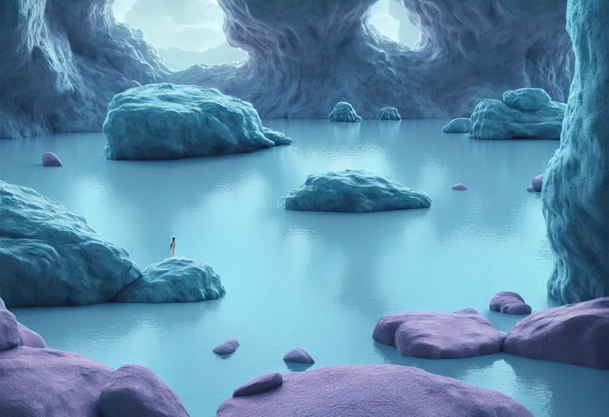 Prompt: inside of alien lush lake landscape of human mind and imagination, big rocks and pebbles in pastel light blue colors, matte painting, beautiful render, octane render, concept art