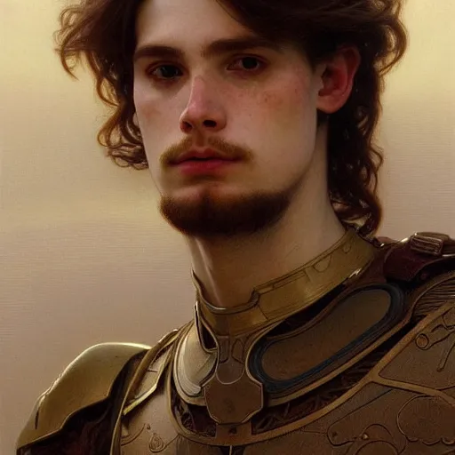 Prompt: portrait painting of a pale serious young man with soft face and medium brown wavy hair wearing armor, ultra realistic, small orbit, concept art, intricate details, eerie, highly detailed, pursed lips, melancholy expression, photorealistic, wide upturn nose, prominent chin, octane render, 8 k, unreal engine. art by artgerm greg rutkowski alphonse mucha