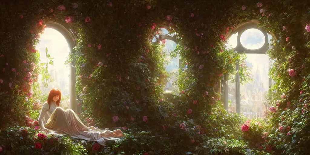 Prompt: ultra realistic, artstation, concept art, natural lighting, by artgerm and greg rutkowski and alphonse mucha and wlop, heaven dreamy interior with surrounded ivy, flowers, roses, and with archways. rendered in octane render with photorealistic lighting, 8 k, hd