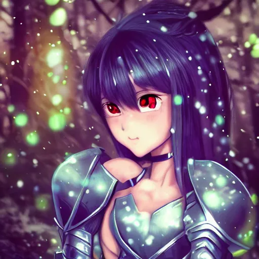 Prompt: portrait focus of knight beautiful 3D anime girl, poring armor wearing, dark forest background, snowing, bokeh, inspired by Masami Kurumada, digital painting, high contrast, unreal engine render, volumetric lighting, high détail