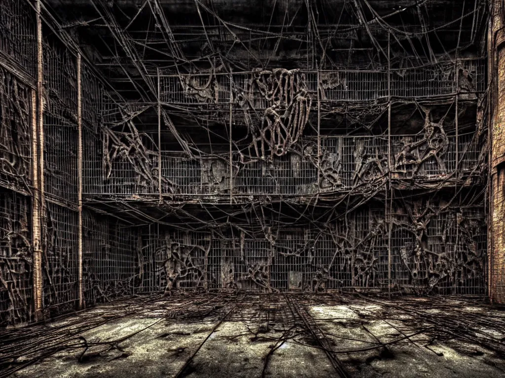 Image similar to An giant underground very gloomy multi-layered structure of rusty thick iron grids, dense chain-link fencing and peeling walls with multiple floors. In the center sits a creepy humanoid with very long limbs. Inside view, collapsed floors, bent rusted iron, masterpiece, macabre, black background, layers, corners, cinematic, hyperdetailed, photorealistic, hyperrealism, octane render, 8k, depth of field, bokeh, architecture, shadows, art by Zdzisław Beksiński, Arthur Rackham, Dariusz Zawadzki