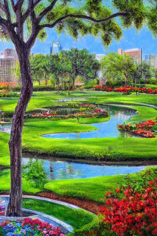 Image similar to mcgovern centennial gardens in houston, oil on canvas, intricate, landscape, 8 k highly professionally detailed, hdr, cgsociety