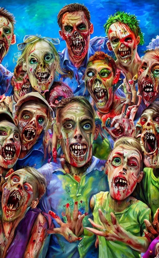 Prompt: beautiful detailed photorealistic painting of a group of friends smiling and having fun, dressed as zombies on holiday. the friends are happy and having fun. vibrant, high quality, vibrant colors, very funny, beautiful, hq. hd. 4 k. award winning. trending on artstation