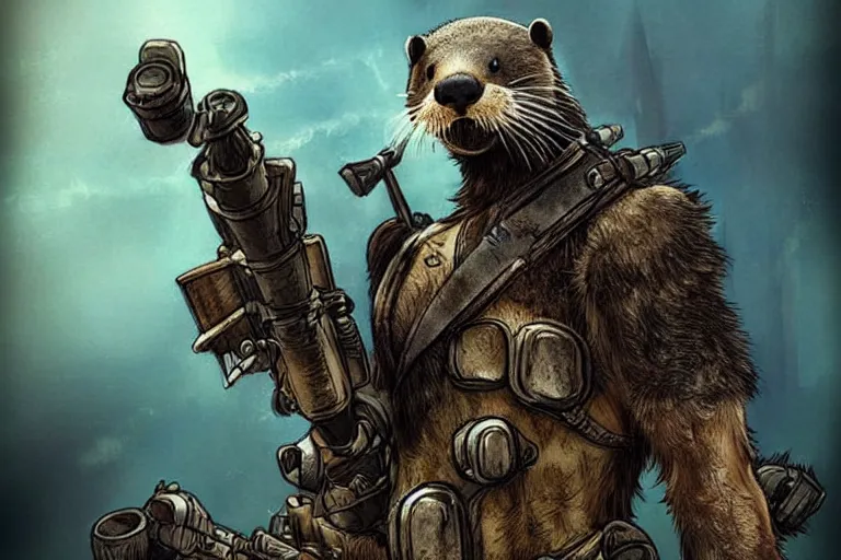 Prompt: a good ol'otter fursona ( from the furry fandom ), heavily armed and armored facing down armageddon in a dark and gritty version from the makers of mad max : fury road. witness me.